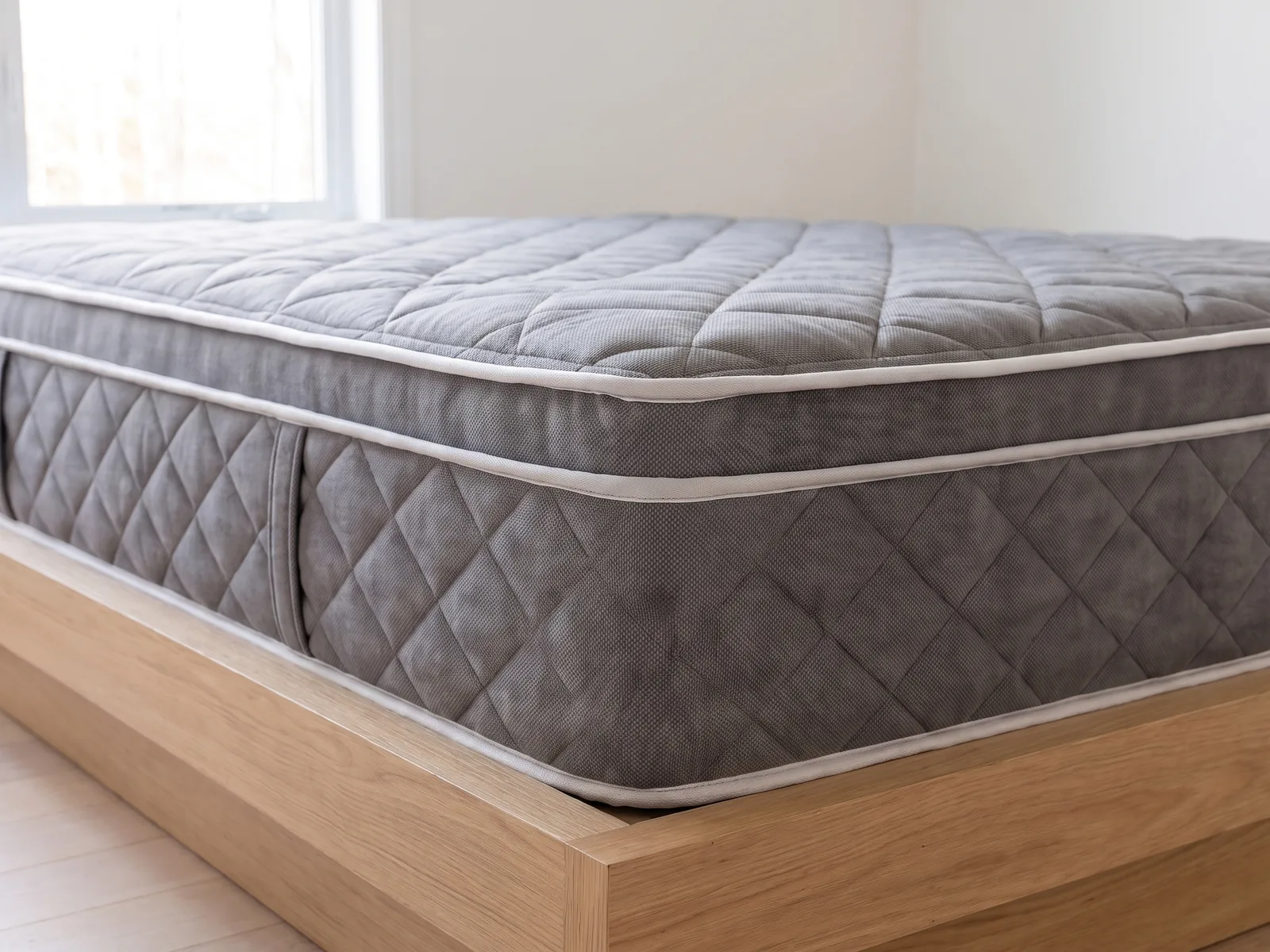 Détail du coin du matelas Essentiel : matelassage eurotop (plateau coussin) et bordure (mise en situation).