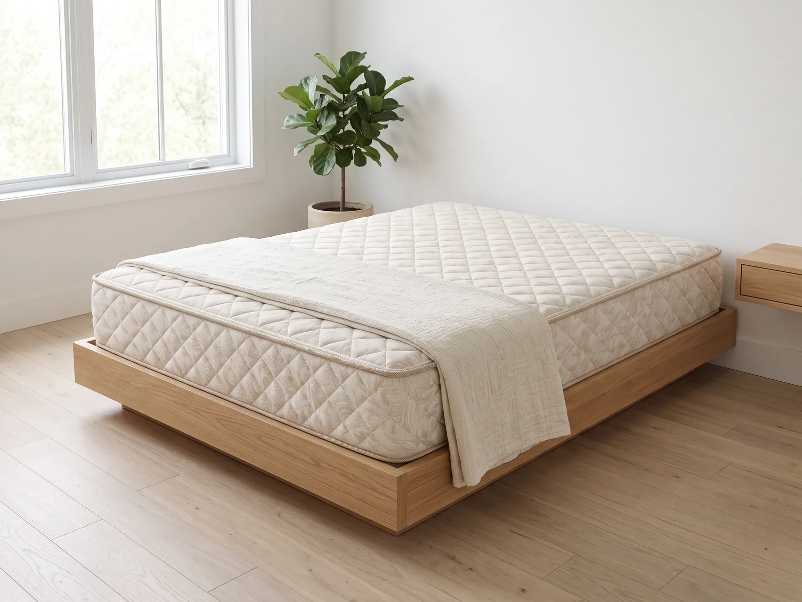 Matelas Bon Sommeil Levis sur une base de lit, dans une chambre lumineuse (mise en situation).