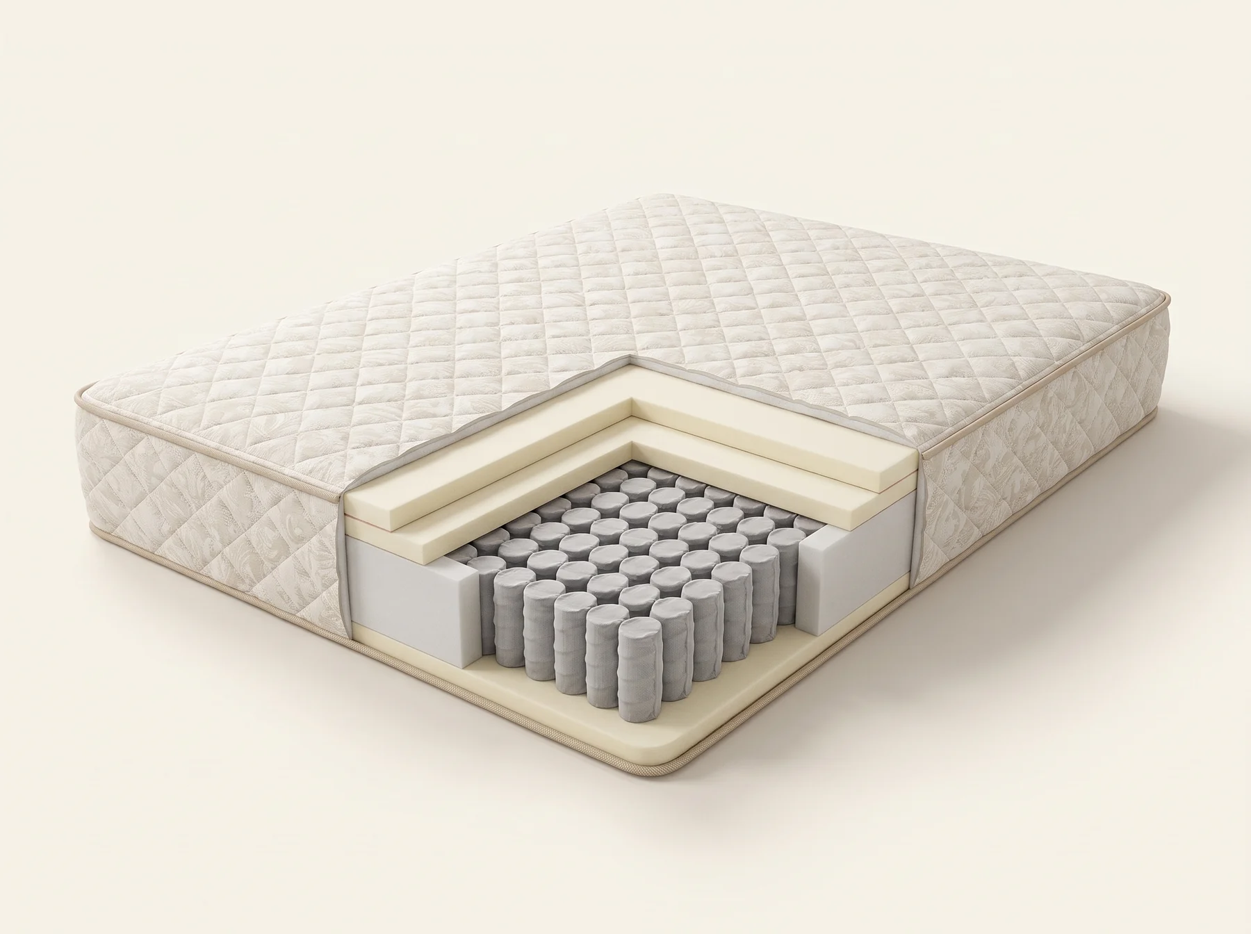 Illustration de construction du matelas Levis, Tight top, plateau régulier, 9 po. Couches de haut en bas : Fibre polyester ¾ po ; Double mousse 1 po ; 744 ressorts ensachés Perimax (71 lb en queen).