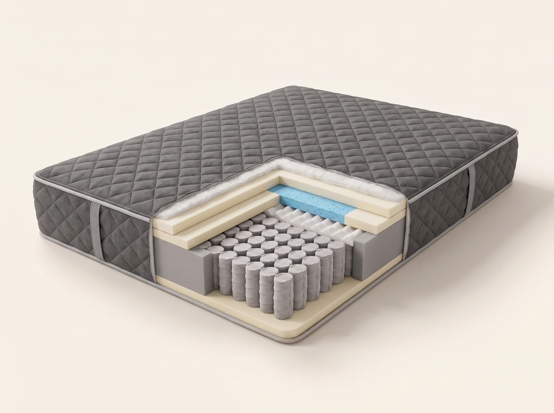 Illustration de construction du matelas Ricardo, Tight top, plateau régulier, 11¾ po. Couches de haut en bas : Fibre polyester ¾ po ; Double nappe de mousse ½ po ; Gelflex lombaire ; Mousse ondulée 1½ po ; 1 092 ressorts ensachés Perimax multizones.