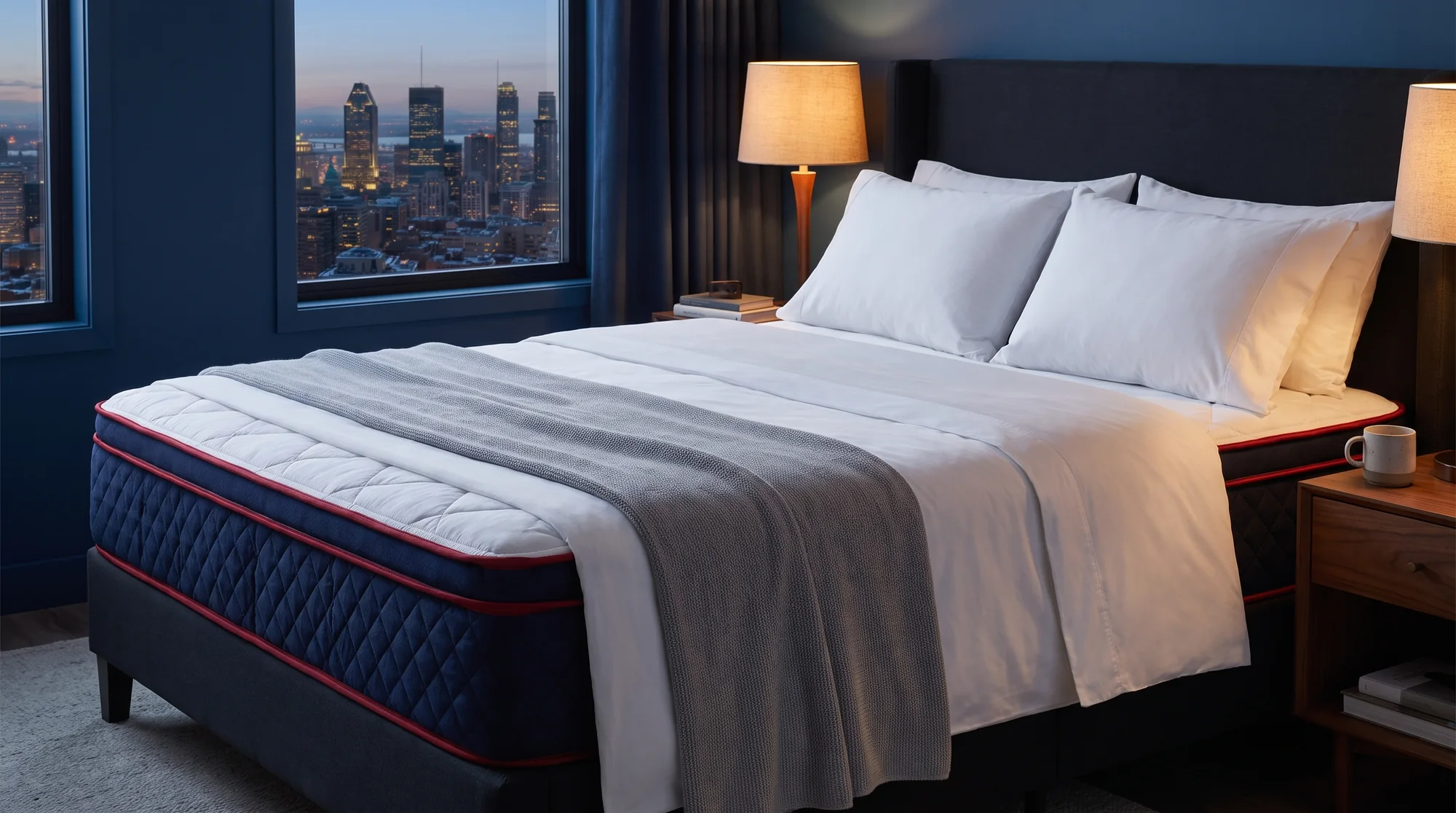 Chambre la nuit : un lit habillé d’un matelas Bon Sommeil bleu marine, prêt pour la nuit