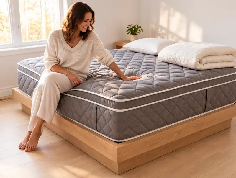 Le matelas a repris tout son volume ; une cliente appuie sur le plateau coussin